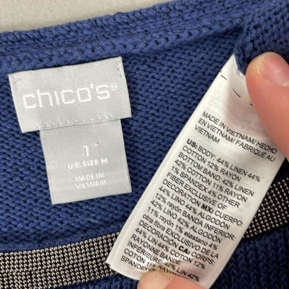 Chico's Sweater Womens Medium Blue Silver Short Sleeve Knit Beads Linen - Picture 13 of 15